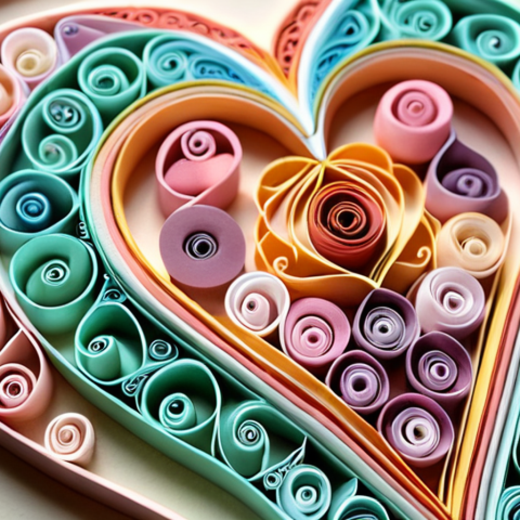 **Quilling close-up: Intricate paper filigree heart. Pastel colors, delicate swirls, soft lighting.** (Focus on the detail and artistry of quilling)