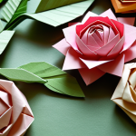 **A close-up of intricate origami flowers and leaves, showcasing the delicate folds and textures of various paper types. Soft, natural lighting highlights the details. Inspired by Polish folklore patterns.** (Focus: detail, nature inspiration, Polish touch)