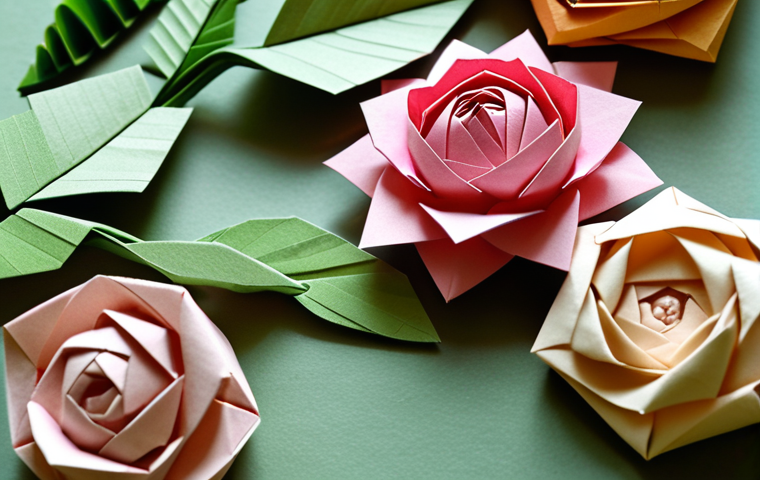 **A close-up of intricate origami flowers and leaves, showcasing the delicate folds and textures of various paper types. Soft, natural lighting highlights the details. Inspired by Polish folklore patterns.** (Focus: detail, nature inspiration, Polish touch)